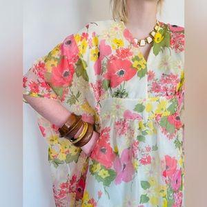 Vintage 70’s Sheer Lined Caftan CA Poppy Floral by At Home Wear Sears